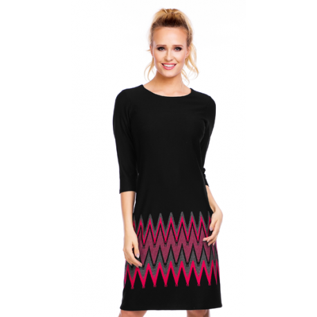 Dámské žakárové šaty ANNA, 3/4 rukáv - Černá/Amarant