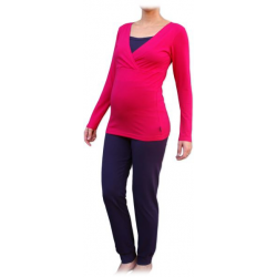 Pyžamo pro těhotné a kojící matky, dlouhé - Sytě růžová/Švestka