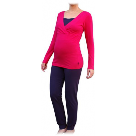 Pyžamo pro těhotné a kojící matky, dlouhé - Sytě růžová/Švestka