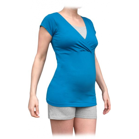 Pyžamo pro těhotné a kojící, krátké - tm.tyrkys + šedý melír