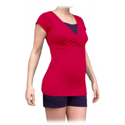 Pyžamo pro těhotné a kojící, krátké - sytě růžová+švestka