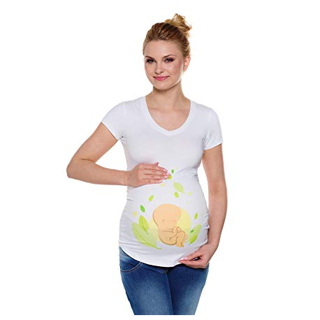 Těhotenské tričko „Miminko na lístečku“ (P117) , KR, výstřih „V“ - Bílá