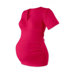 Těhotenská tunika krátký rukáv, výstřih “V”, na zavazování ZUZANA - Sytě růžová