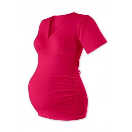 Těhotenská tunika krátký rukáv, výstřih “V”, na zavazování ZUZANA - Sytě růžová